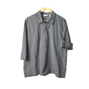 Liz Claiborne Lizsport Snap Woven Cotton Top Check 3/4 Rolled Shirt XL